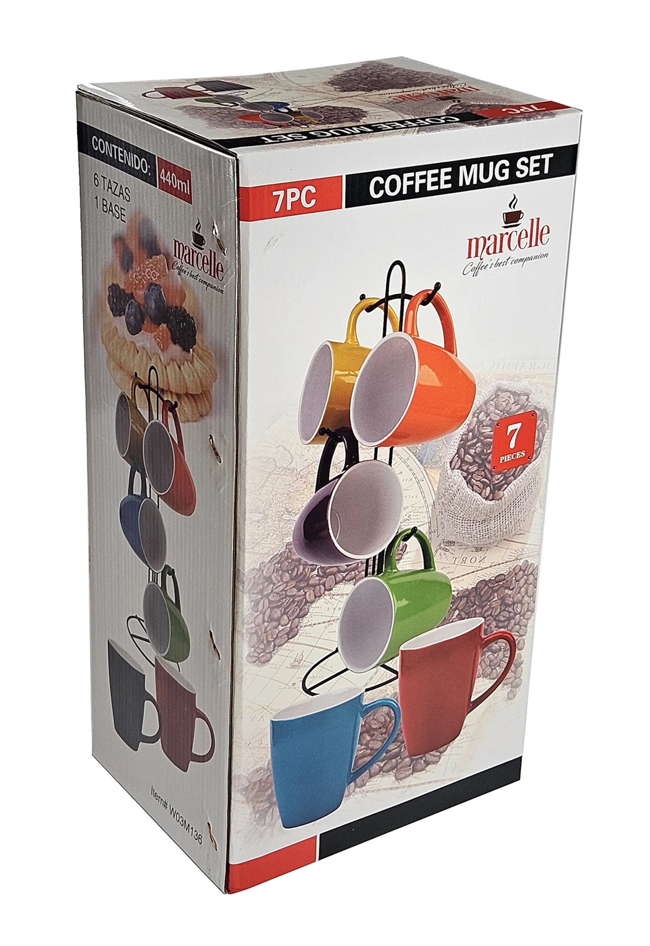 MARCELLE 6X150Z MUG SET W/ STAND IN COLOR BOX IN 5-PLY BROWN BOX